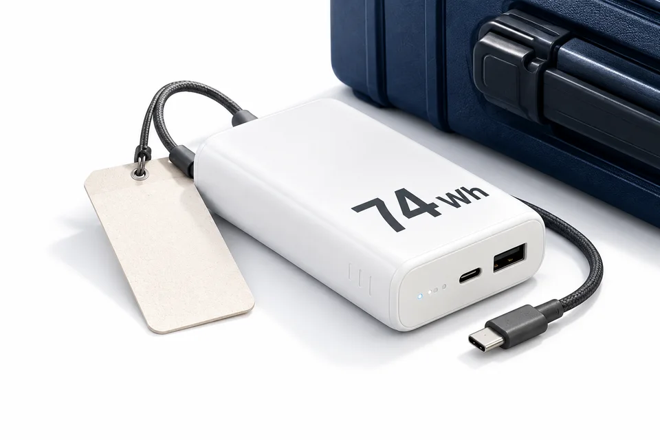 Illustration of a power bank, cable and cabin suitcase